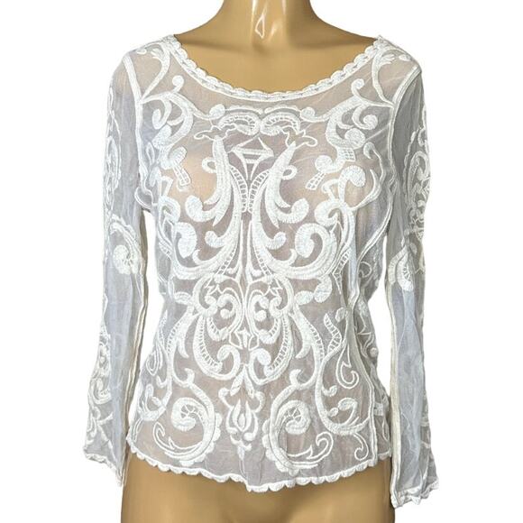 Express Ivory Sheer Mesh Lace Crop Sleeve Top SZ Small - Picture 1 of 8